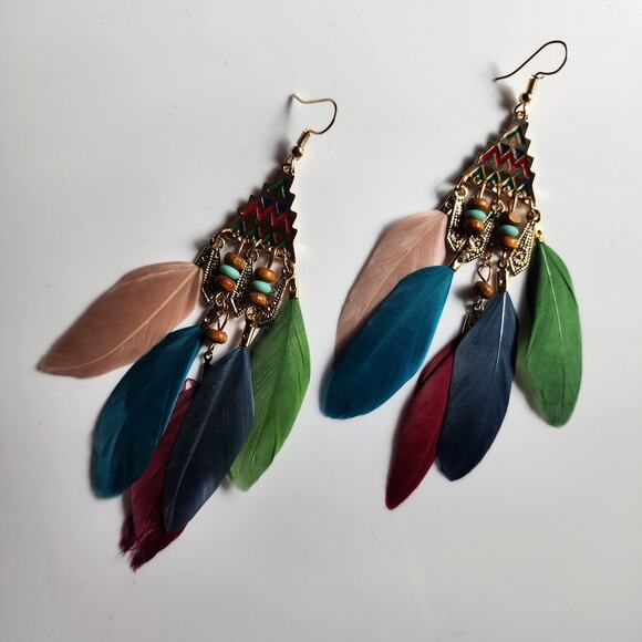 Multicolor Boho Feather Aztec Pyramid Earrings - Picture 2 of 4